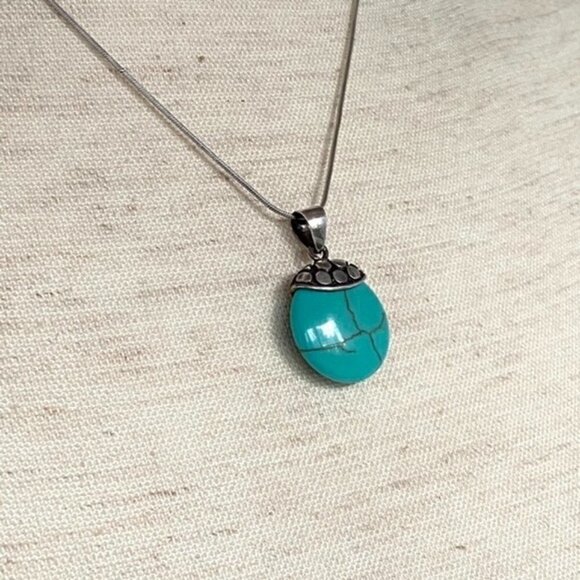 Sterling Silver 925 Round Faux Turquoise Bali Style Pendant Necklace 17" Chain - Picture 16 of 16